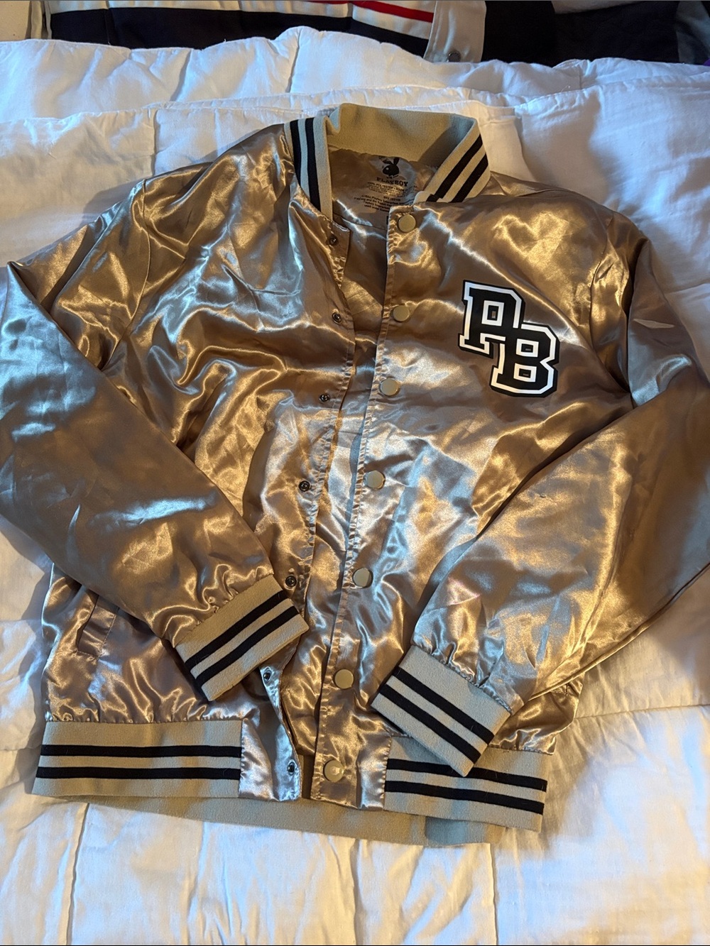 Playboy Metallic Gold Bomber Jacket with PB Patch LIKE NEW Medium